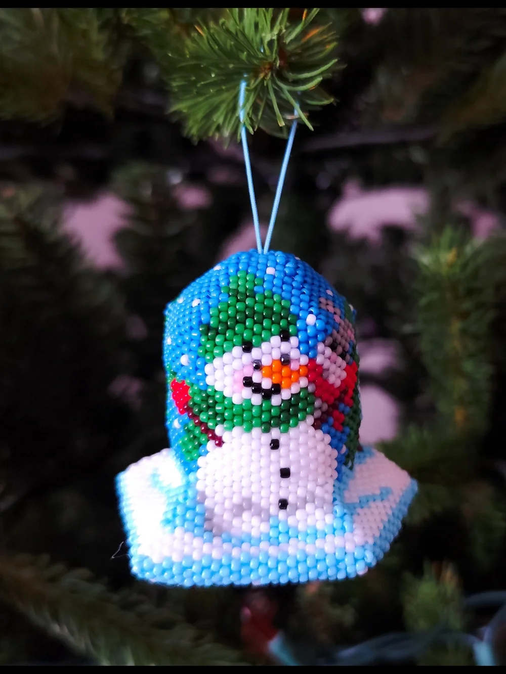 Handmade Blue Beaded Snowman Holiday Ornament